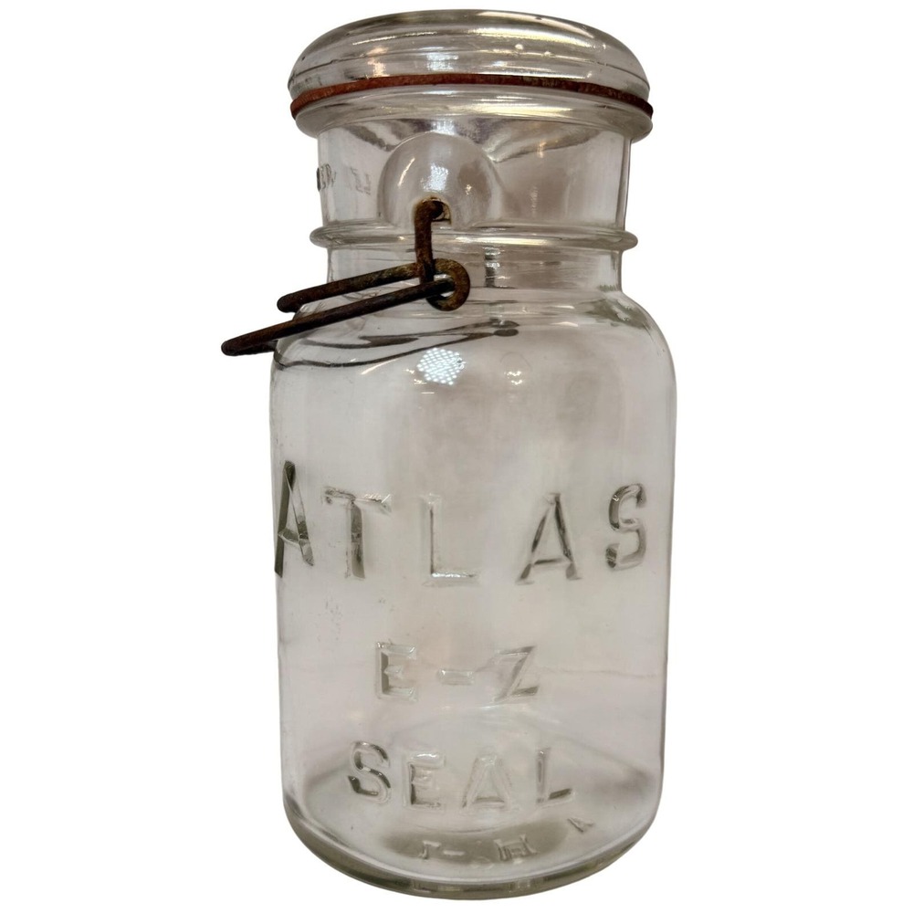 Vintage Atlas E-Z Seal Clear Glass Canning Jar with Wire Bail Lid 7.25in *